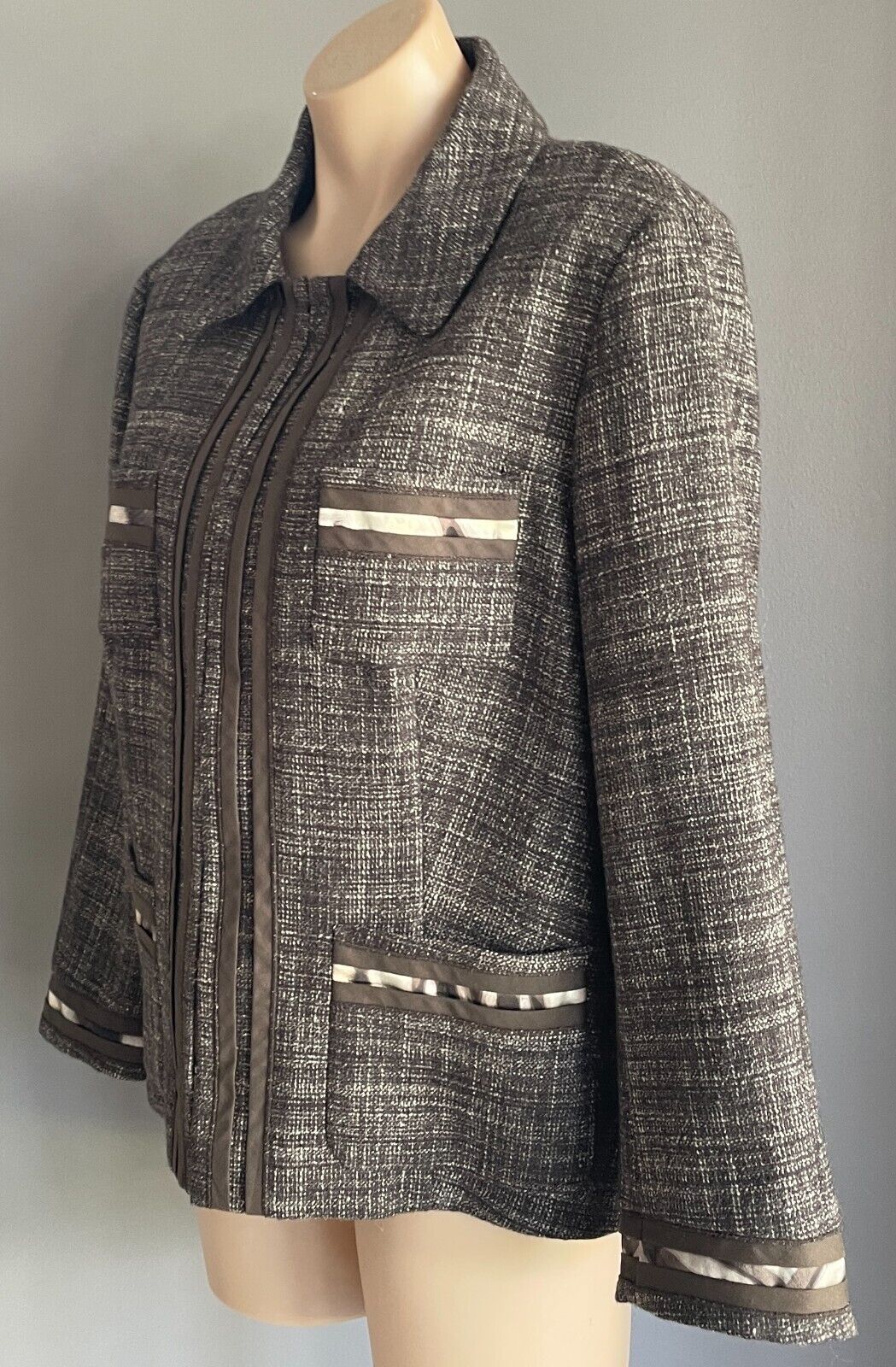 LAUREL Jacket Brown & White Tweed Fabric Long Sleeve Silk Ribbon Trim Size 18