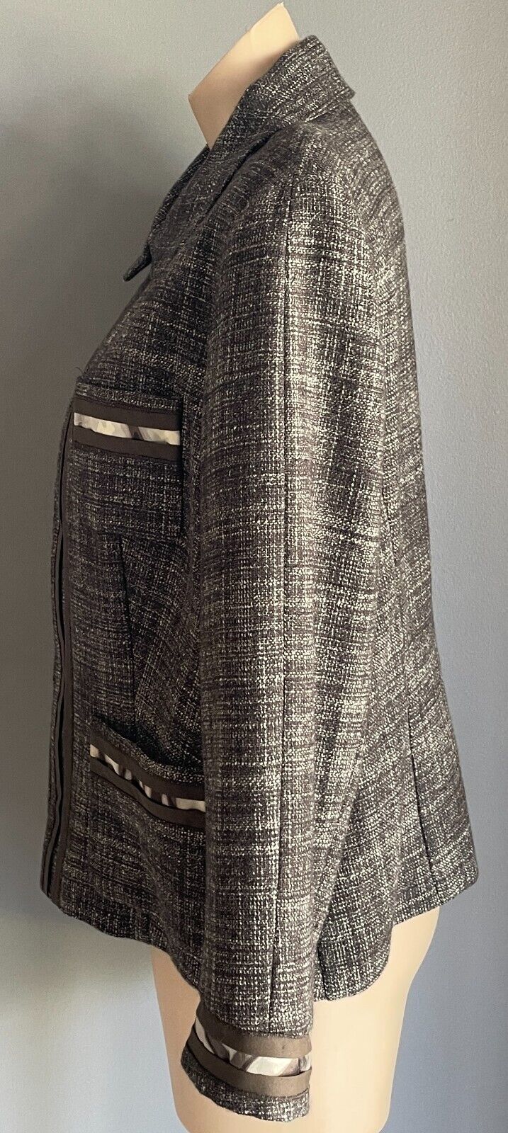 LAUREL Jacket Brown & White Tweed Fabric Long Sleeve Silk Ribbon Trim Size 18
