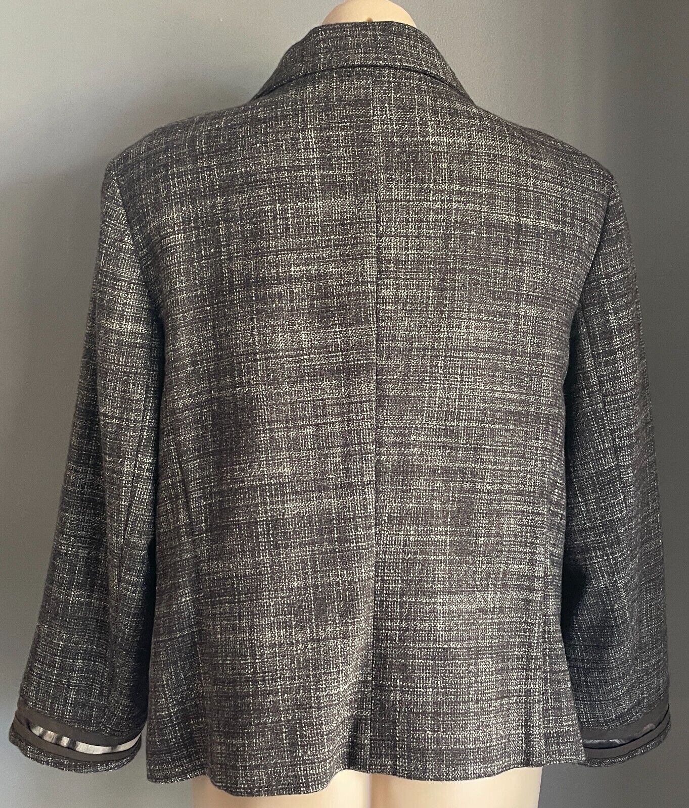 LAUREL Jacket Brown & White Tweed Fabric Long Sleeve Silk Ribbon Trim Size 18