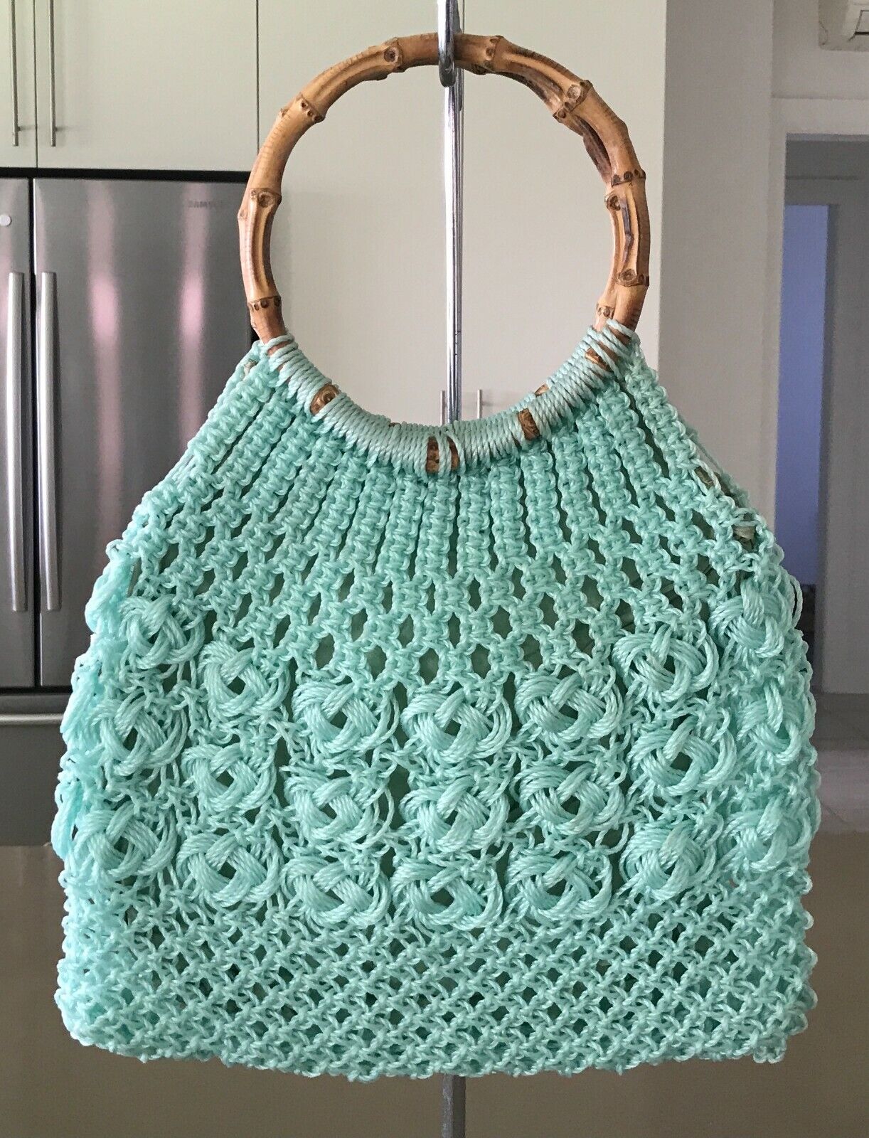 Vintage Knit Crocheet Bag Bamboo Cane Handles Lined Mint Green Plastic Handbag