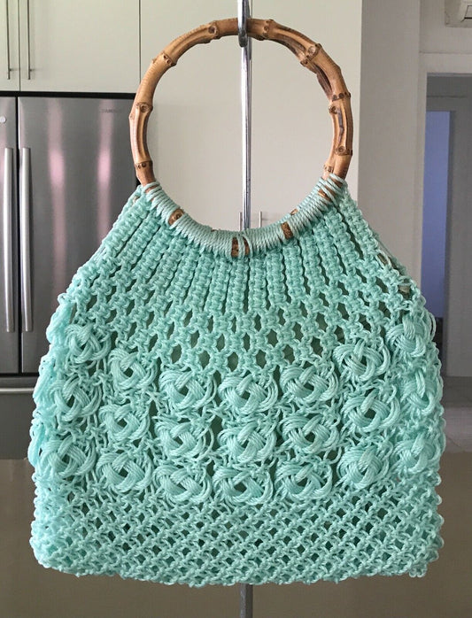 Vintage Knit Crocheet Bag Bamboo Cane Handles Lined Mint Green Plastic Handbag