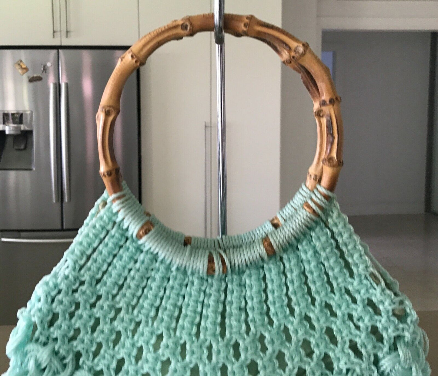 Vintage Knit Crocheet Bag Bamboo Cane Handles Lined Mint Green Plastic Handbag