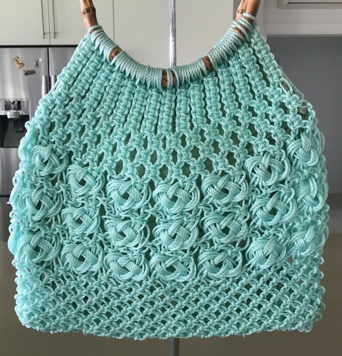 Vintage Knit Crocheet Bag Bamboo Cane Handles Lined Mint Green Plastic Handbag