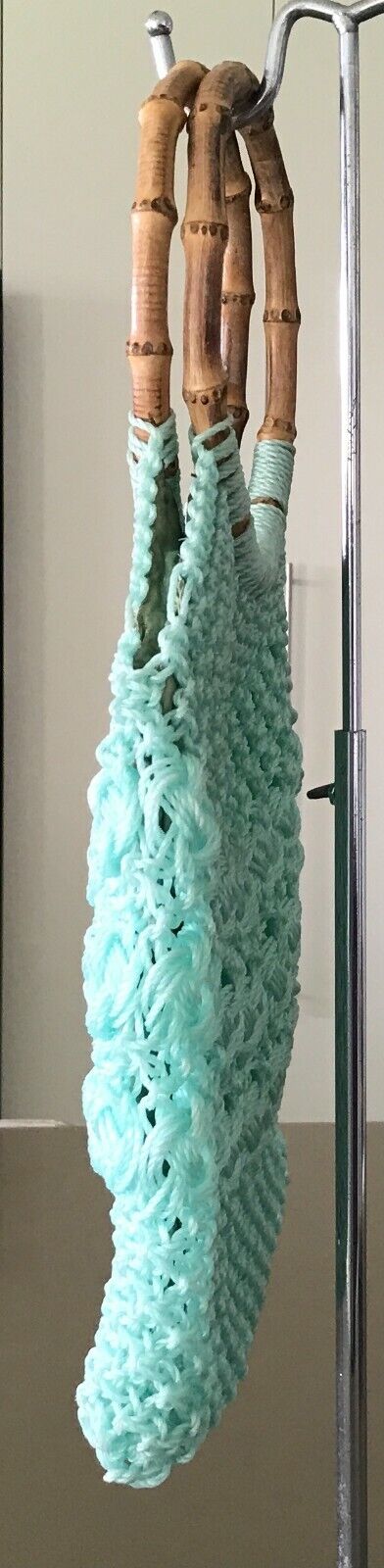 Vintage Knit Crocheet Bag Bamboo Cane Handles Lined Mint Green Plastic Handbag