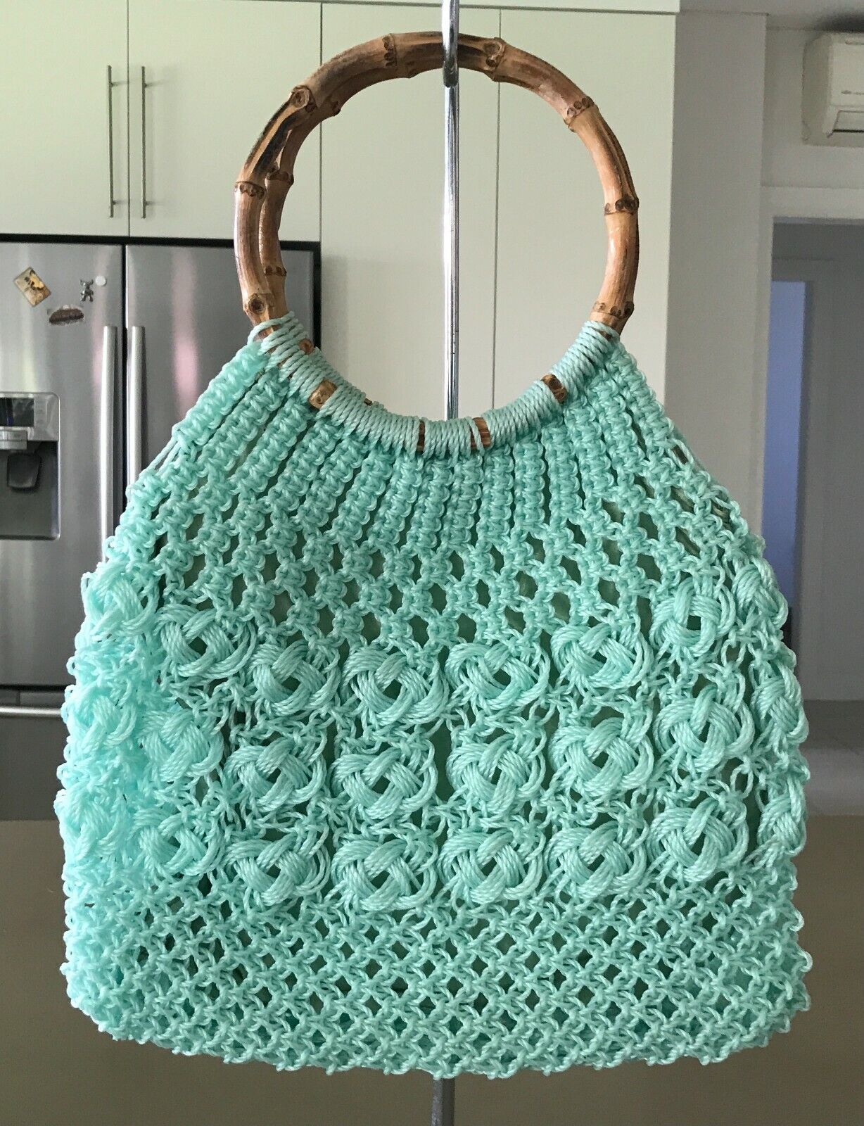 Vintage Knit Crocheet Bag Bamboo Cane Handles Lined Mint Green Plastic Handbag