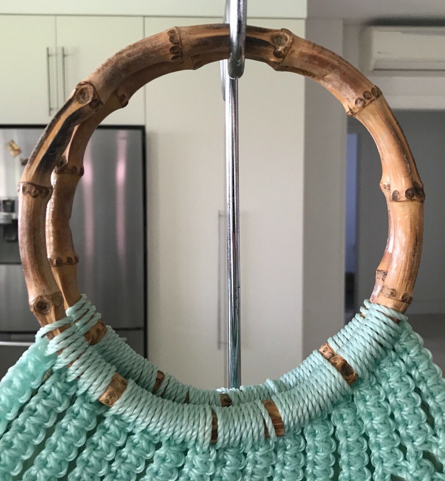 Vintage Knit Crocheet Bag Bamboo Cane Handles Lined Mint Green Plastic Handbag
