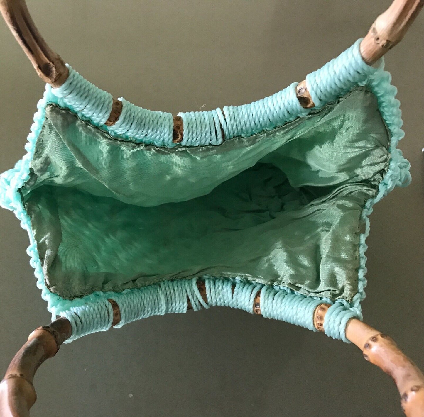 Vintage Knit Crocheet Bag Bamboo Cane Handles Lined Mint Green Plastic Handbag