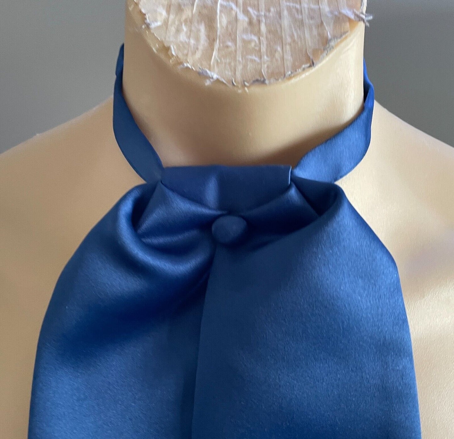 Vintage Cravat Dark Blue Satin Mens Pre-Tied Necktie Puff Adjust Clasp Closure