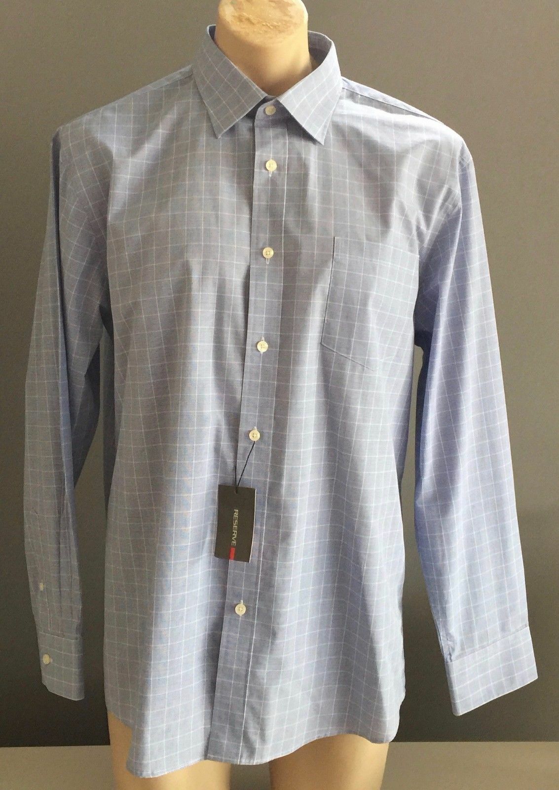 Mens RESERVE Shirt Long Sleeve Blue & White Check Classic Fit Size 44 NEW
