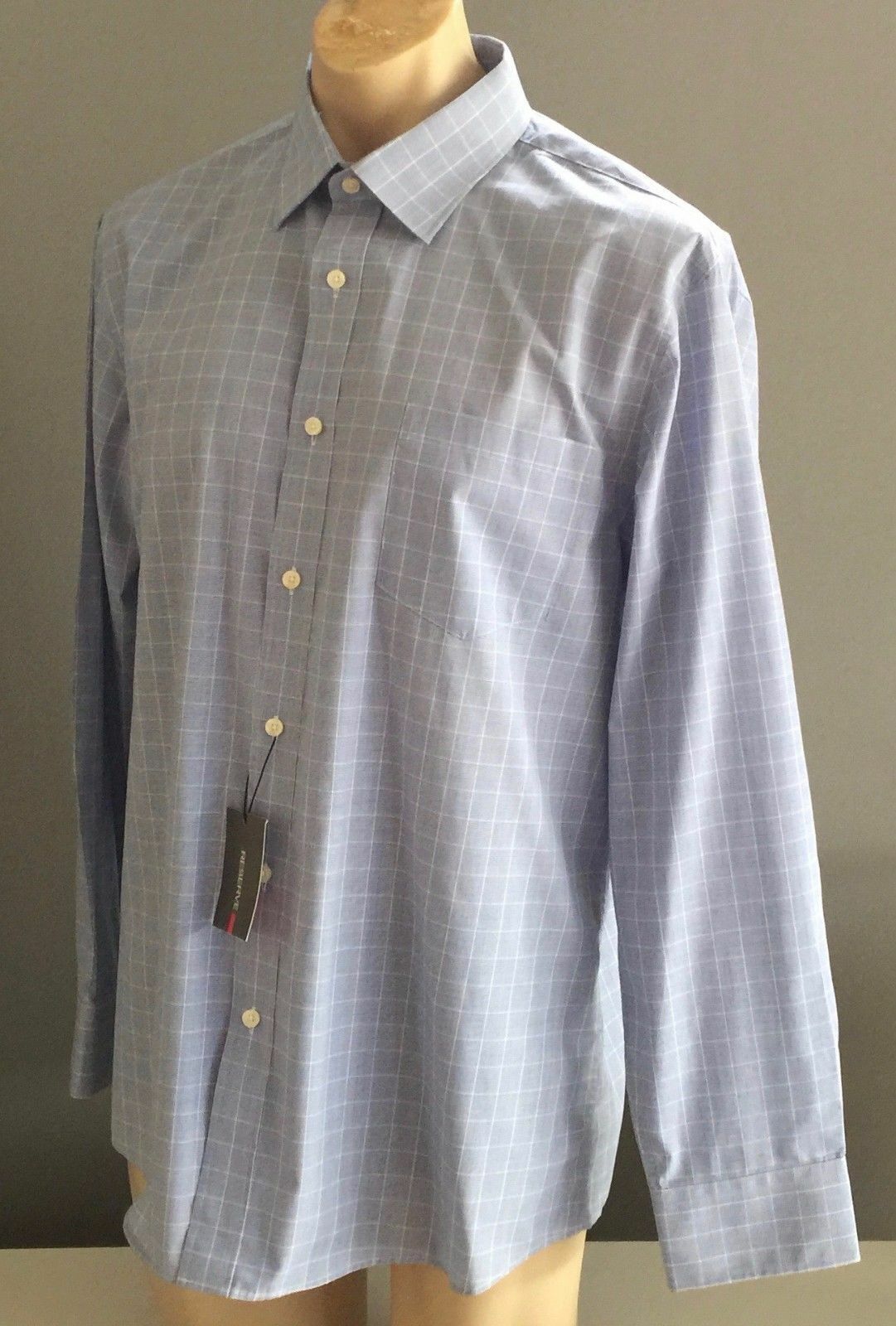 Mens RESERVE Shirt Long Sleeve Blue & White Check Classic Fit Size 44 NEW