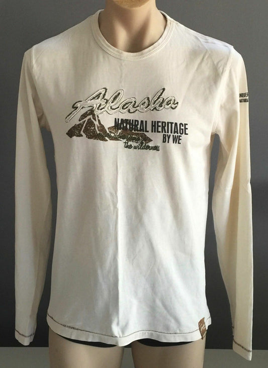 WE "Alaska" Top Motif Off White Long Sleeve T Shirt Mens Size L Souvenir Logo