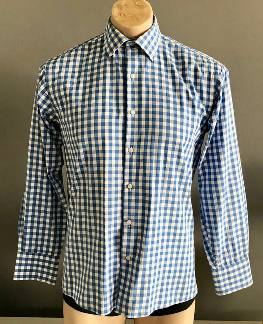 Mens VAN HEUSEN Shirt Blue & White Check European Fit Long Sleeve Size Neck 38cm