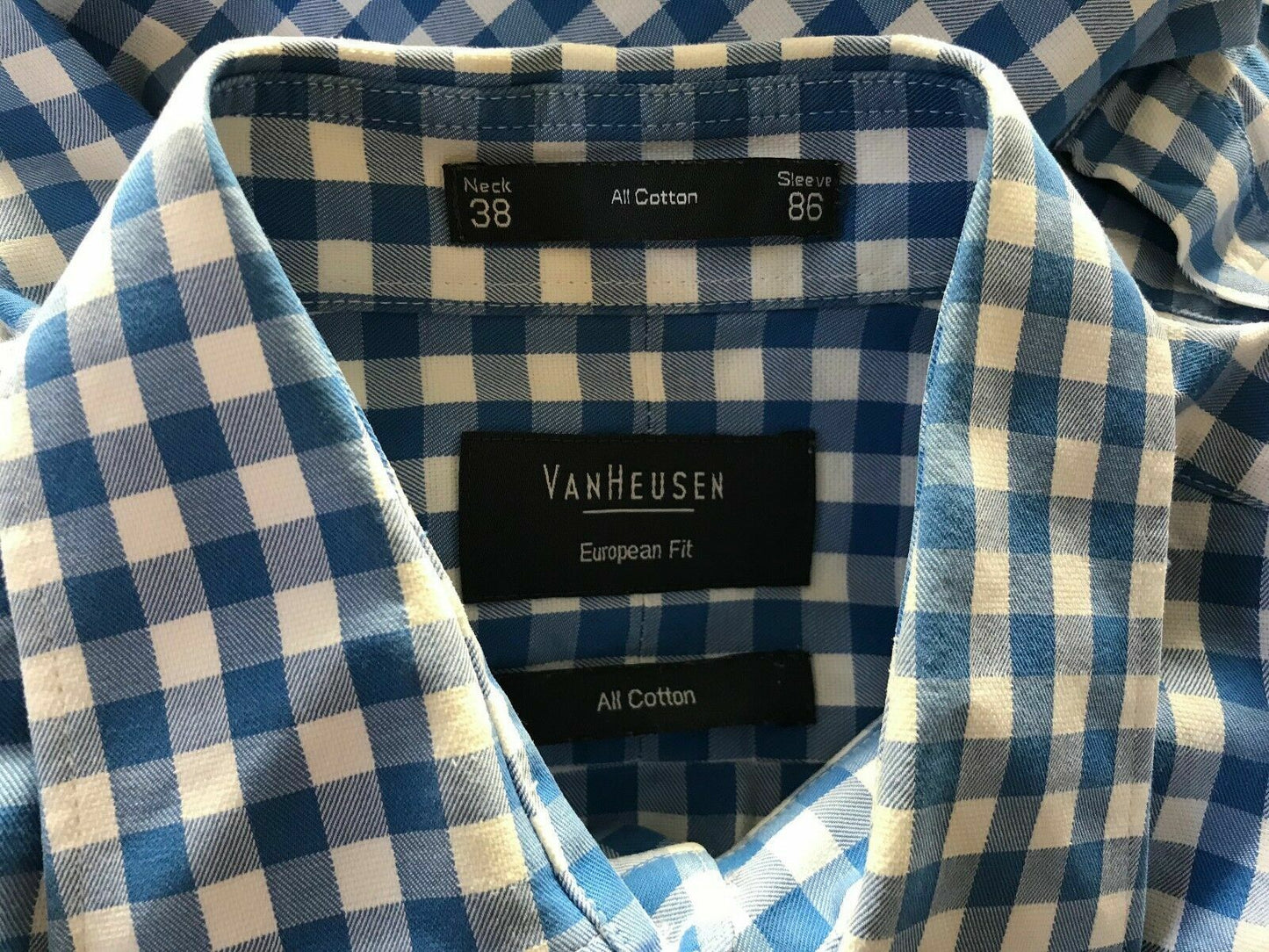 Mens VAN HEUSEN Shirt Blue & White Check European Fit Long Sleeve Size Neck 38cm
