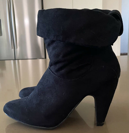 Ladies BLZAAR Ankle Boots Black Microsuede Fold Over Mid Heel  Size 5