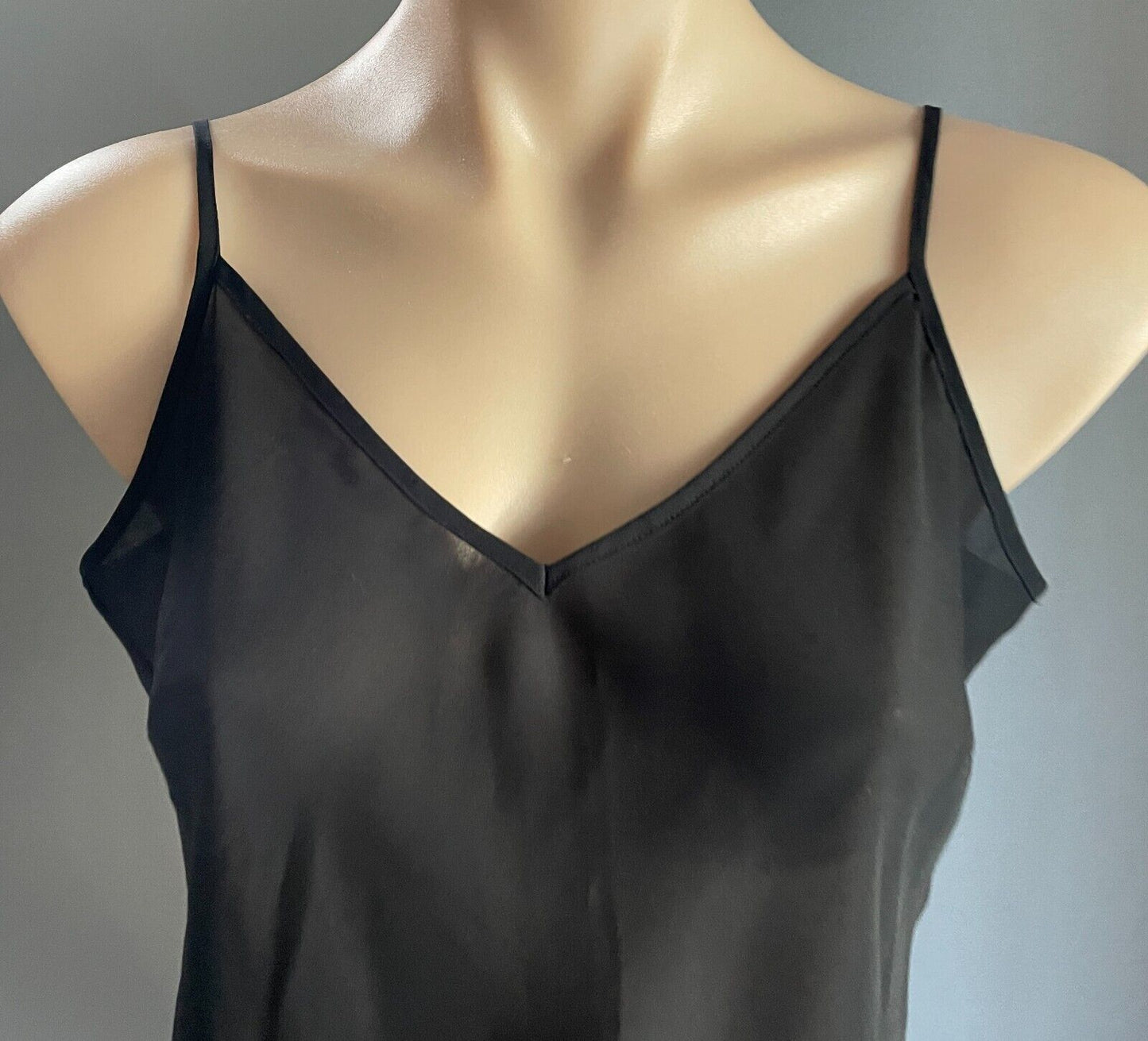 JANE LAMERTON Black Crepe Semi Sheer Spaghetti Strap Camisole Top Size 14 Cami