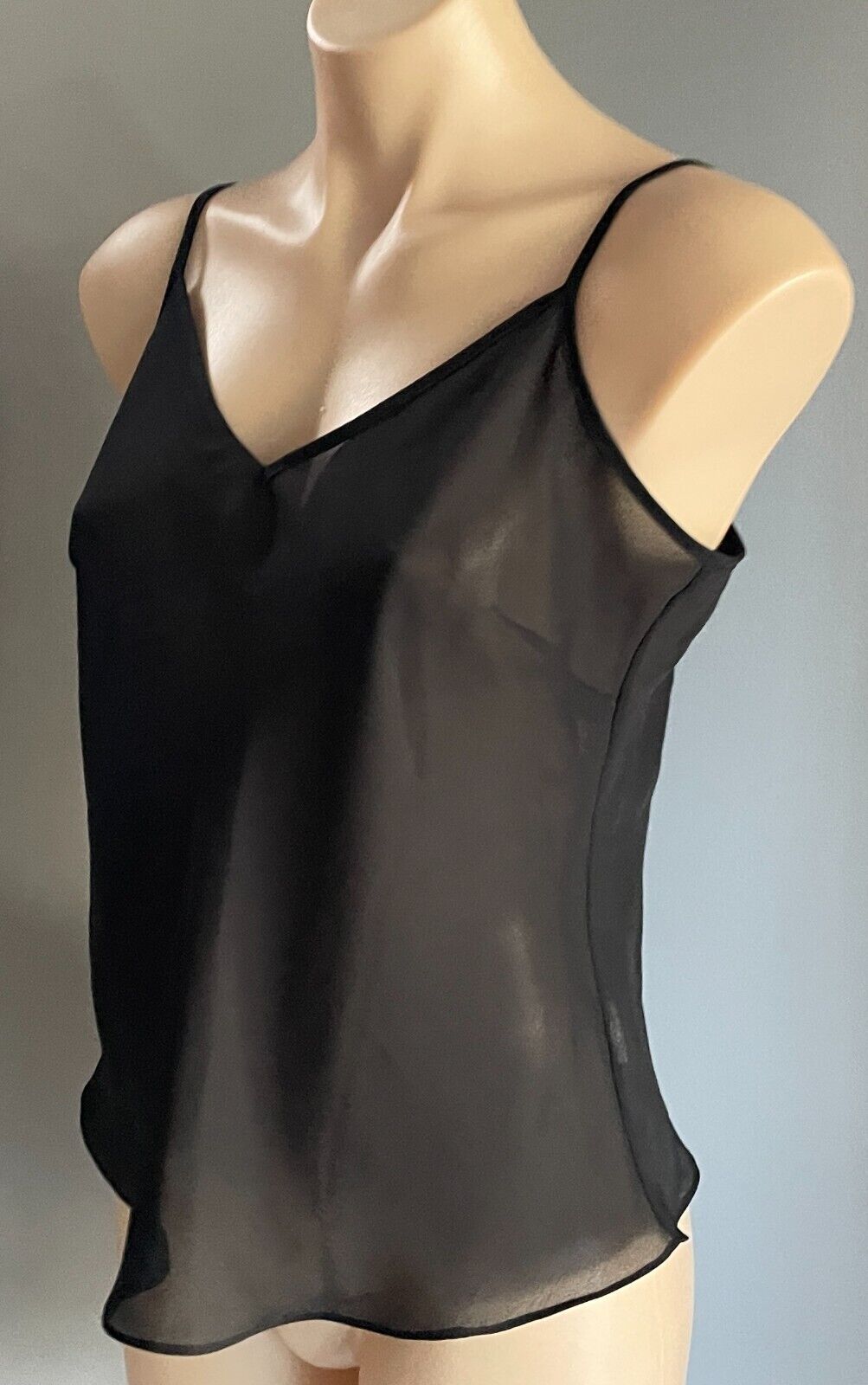 JANE LAMERTON Black Crepe Semi Sheer Spaghetti Strap Camisole Top Size 14 Cami