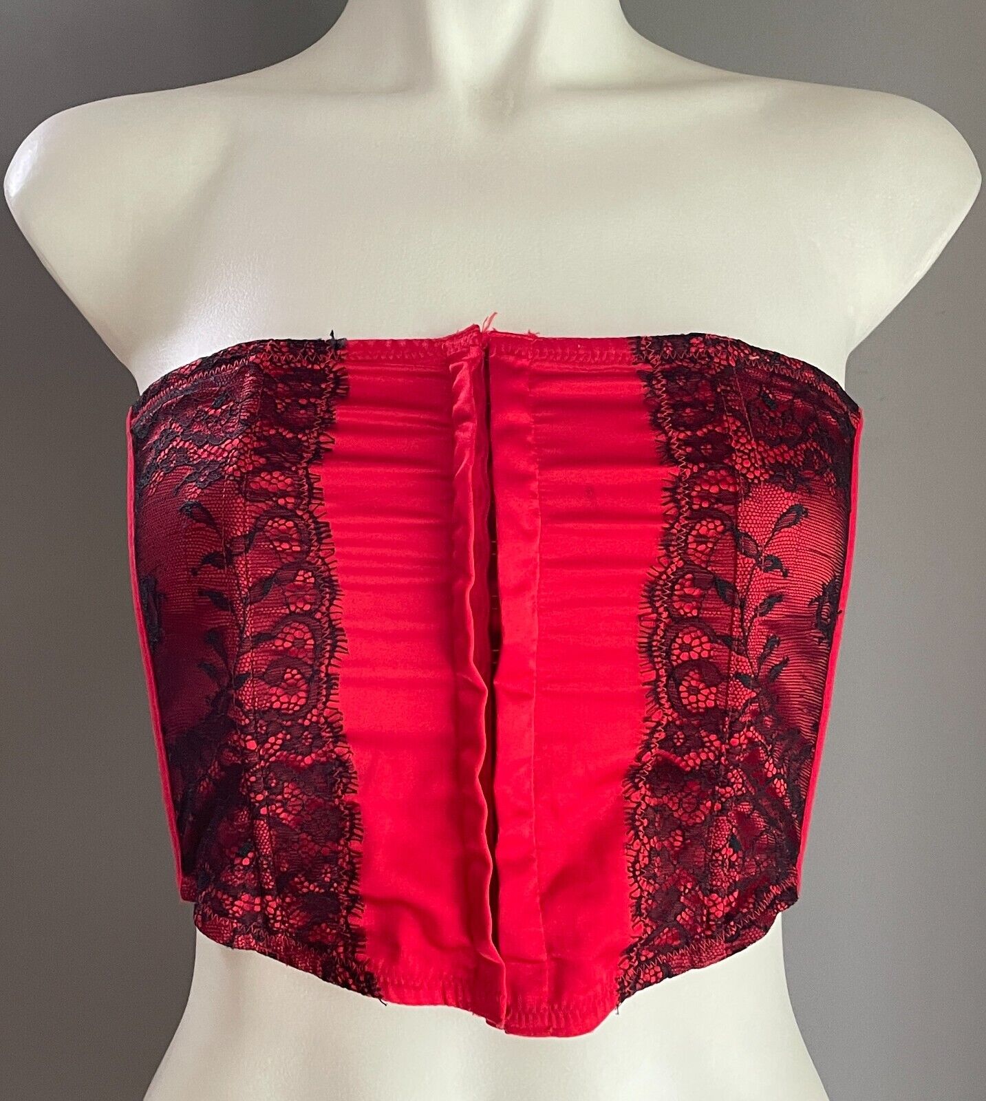SHORT STORIES Red Corset Hook & Eye Tie Up Closure Black Lace Trim Size 8 *Mark