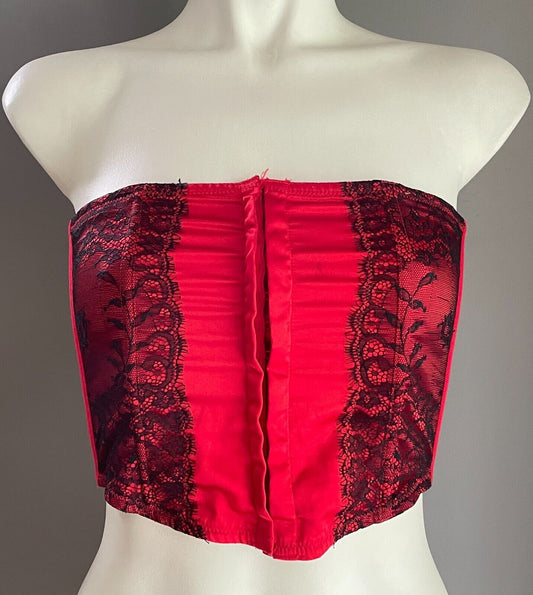 SHORT STORIES Red Corset Hook & Eye Tie Up Closure Black Lace Trim Size 8 *Mark