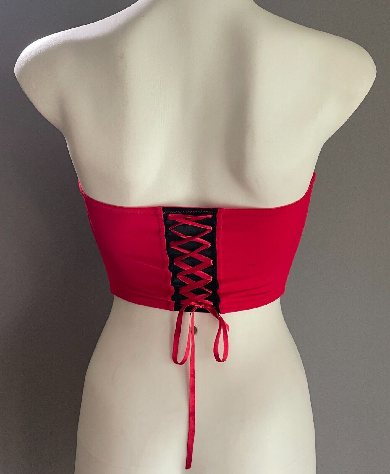 SHORT STORIES Red Corset Hook & Eye Tie Up Closure Black Lace Trim Size 8 *Mark