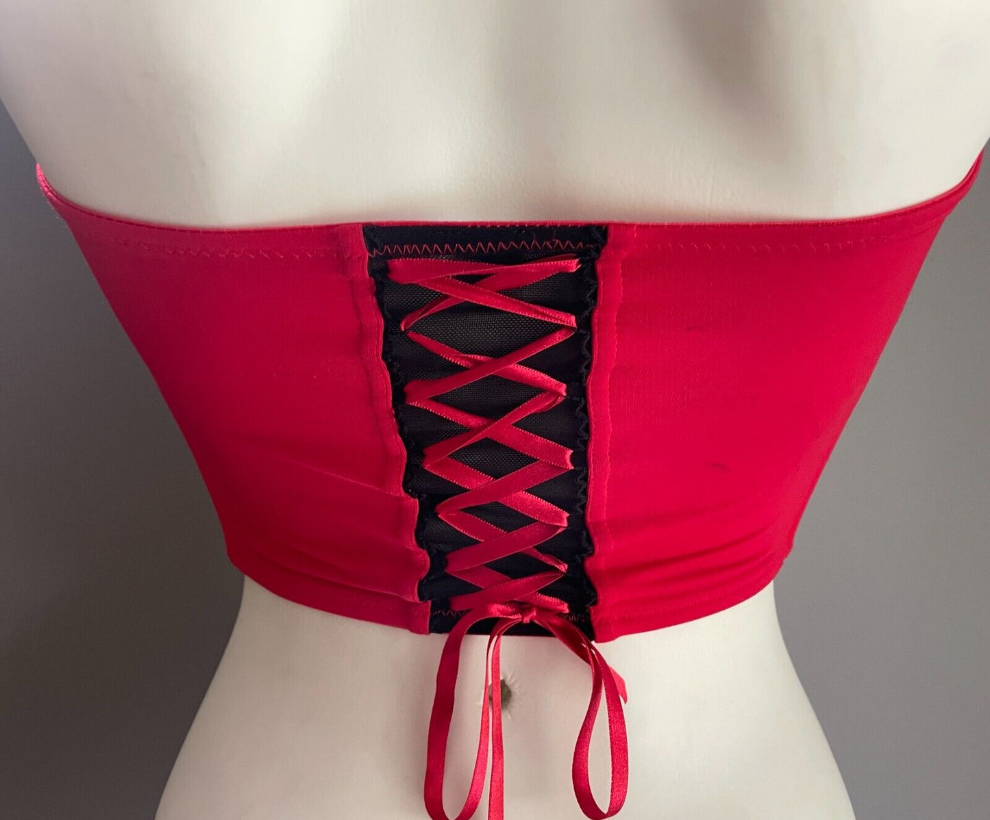 SHORT STORIES Red Corset Hook & Eye Tie Up Closure Black Lace Trim Size 8 *Mark