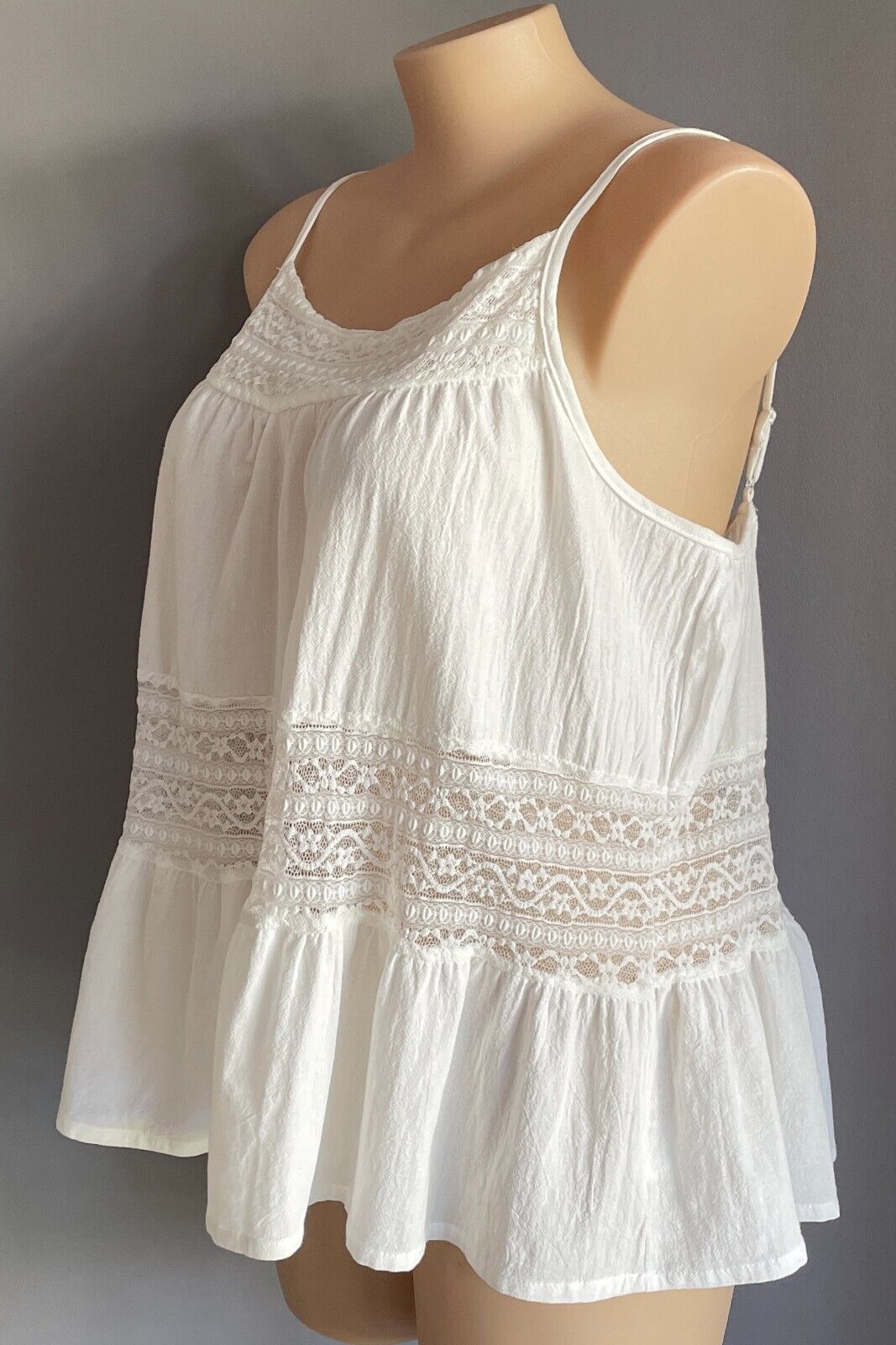 MISSLOOK Cami Top White Linen & Lace Panel Sleeveless Adjustable Strap Size XXL