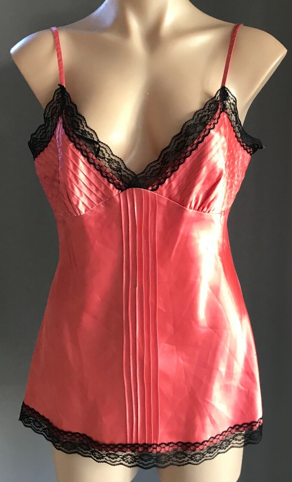 DOWN TOWN Camisole Satin Salmon Colour Black Lace Trim Silky Size L 14 Cami