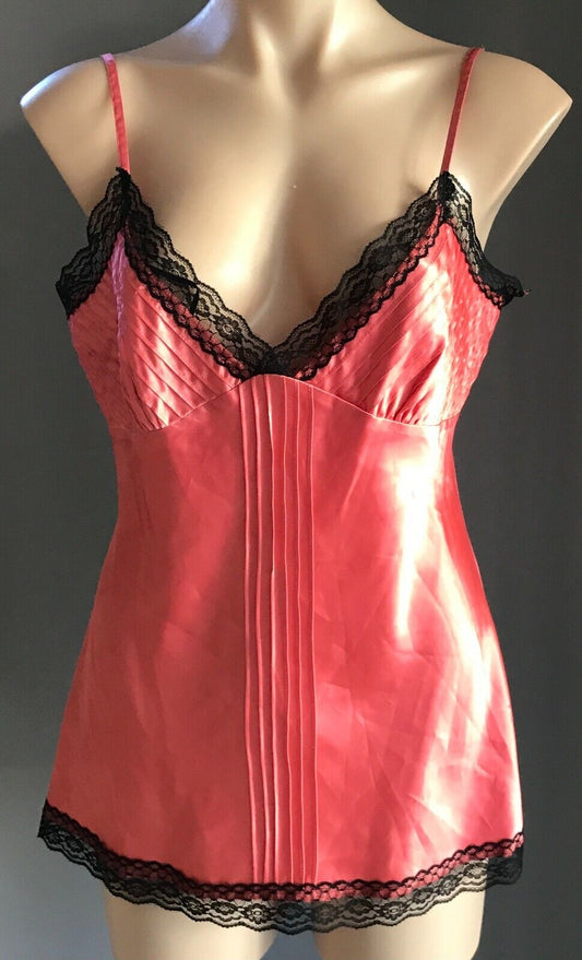 DOWN TOWN Camisole Satin Salmon Colour Black Lace Trim Silky Size L 14 Cami