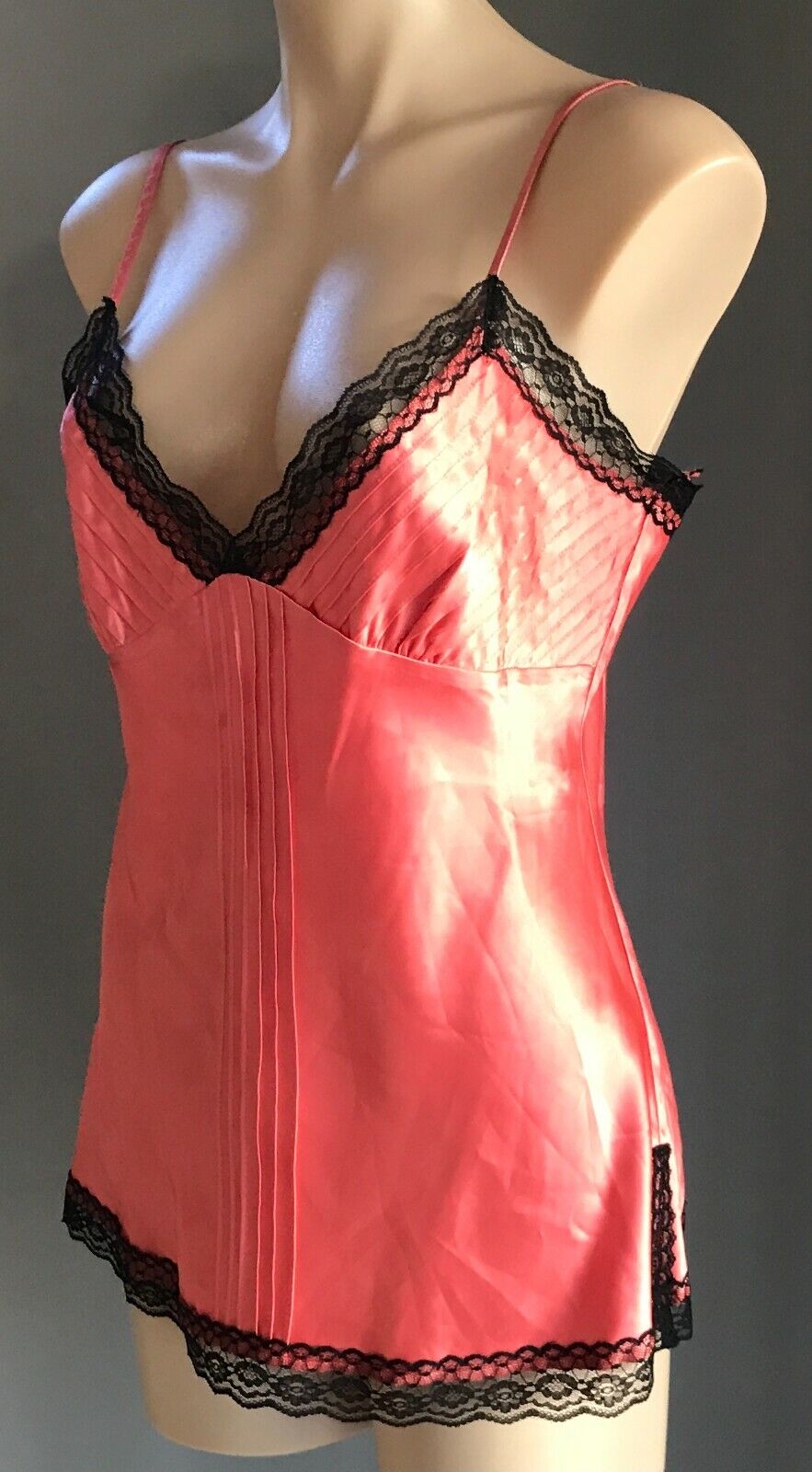 DOWN TOWN Camisole Satin Salmon Colour Black Lace Trim Silky Size L 14 Cami