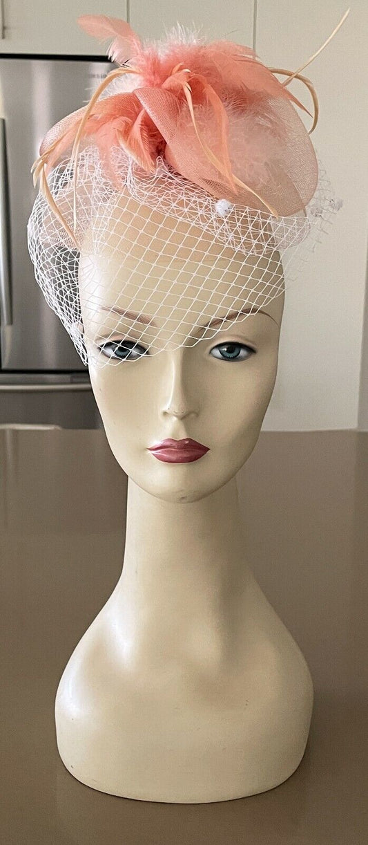 HAIR FASCINATOR Peach Colour Clip On Feather & Net Trim Ladies Headband One Size