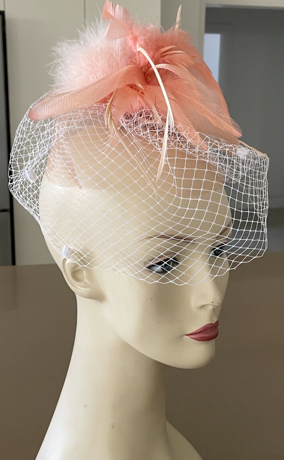 HAIR FASCINATOR Peach Colour Clip On Feather & Net Trim Ladies Headband One Size