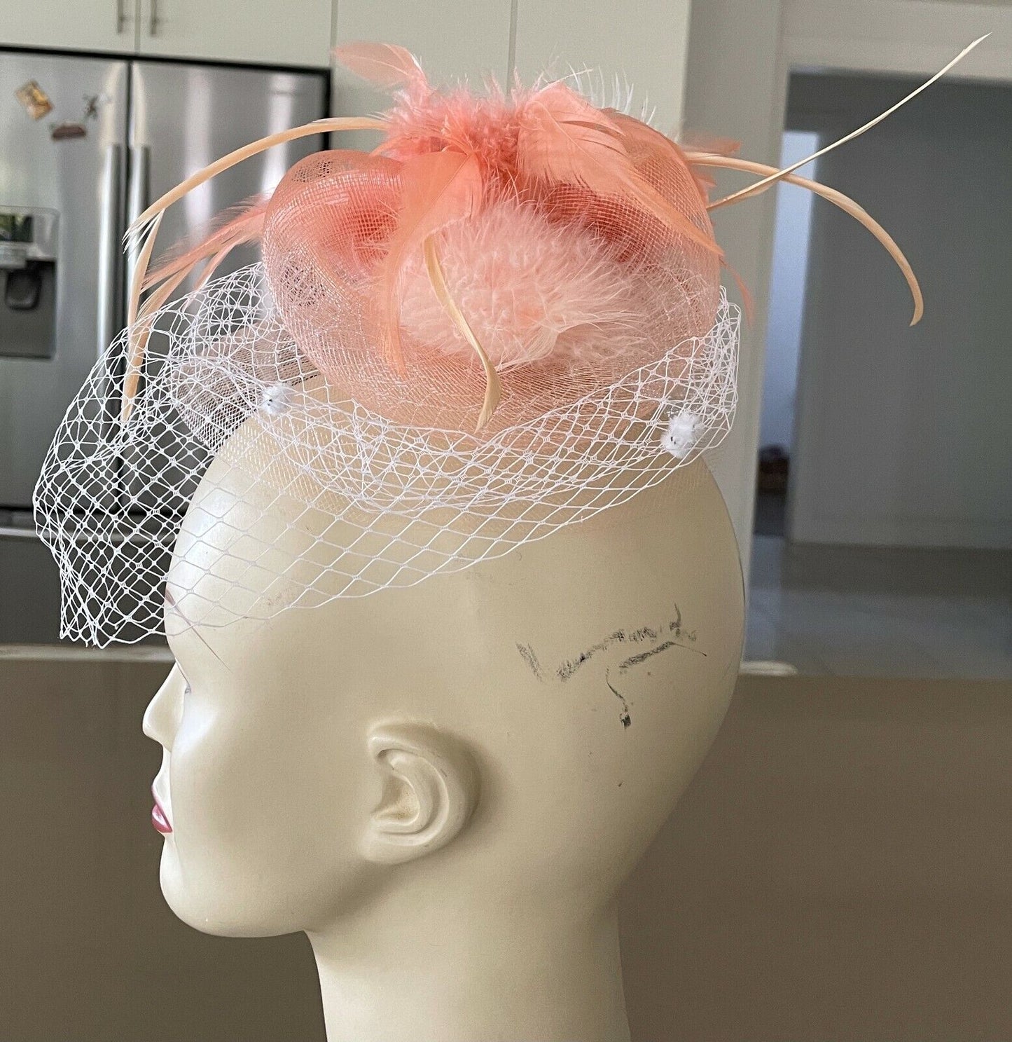 HAIR FASCINATOR Peach Colour Clip On Feather & Net Trim Ladies Headband One Size