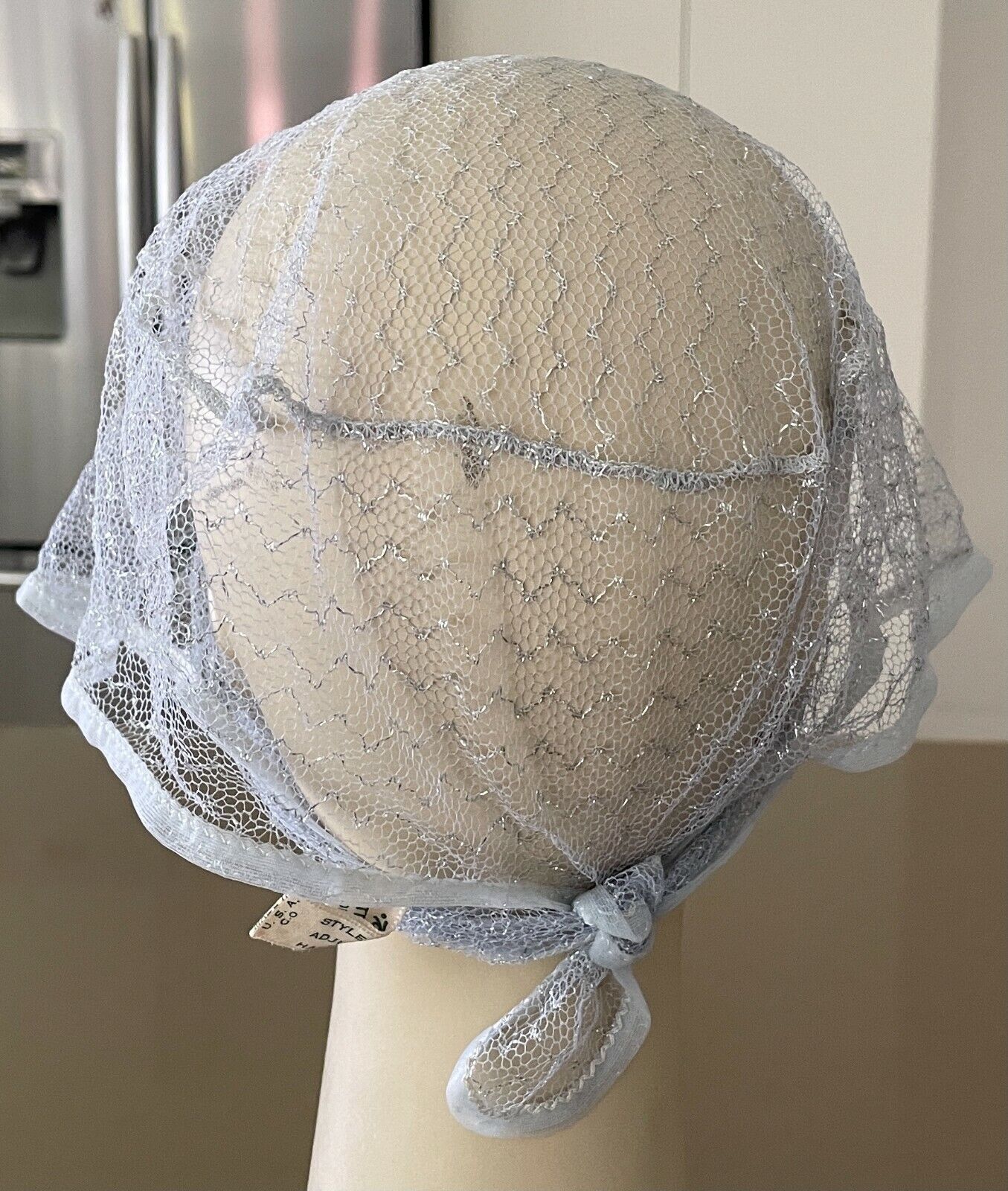 HAIR NET Vintage 1950’s Kleinerts GLITTER GLAMOUR Blue Silver Nylon  Mylar w Tie