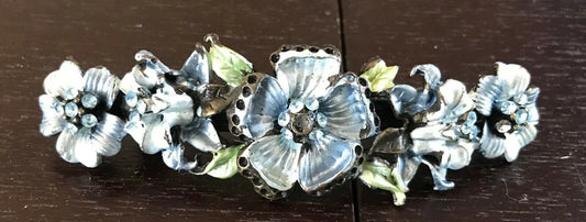 HAIR CLIP Blue Silver & Green Floral Metal w Pink & Blue Crystal Trim NEW