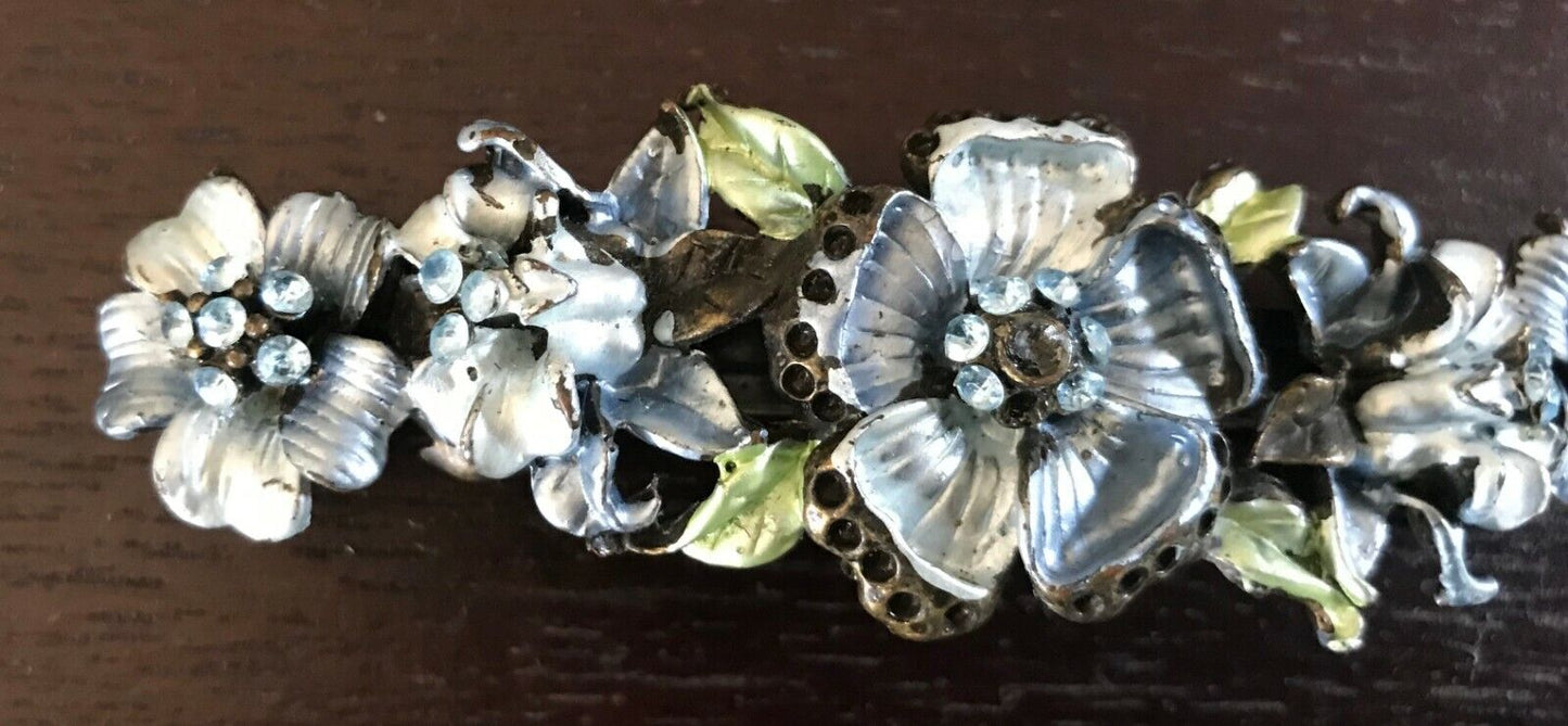 HAIR CLIP Blue Silver & Green Floral Metal w Pink & Blue Crystal Trim NEW