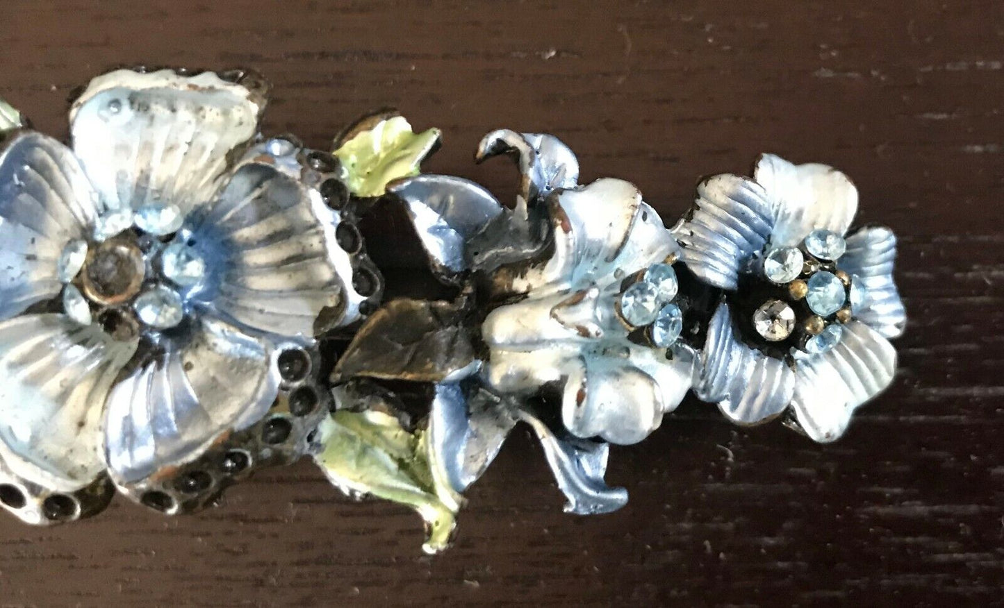 HAIR CLIP Blue Silver & Green Floral Metal w Pink & Blue Crystal Trim NEW