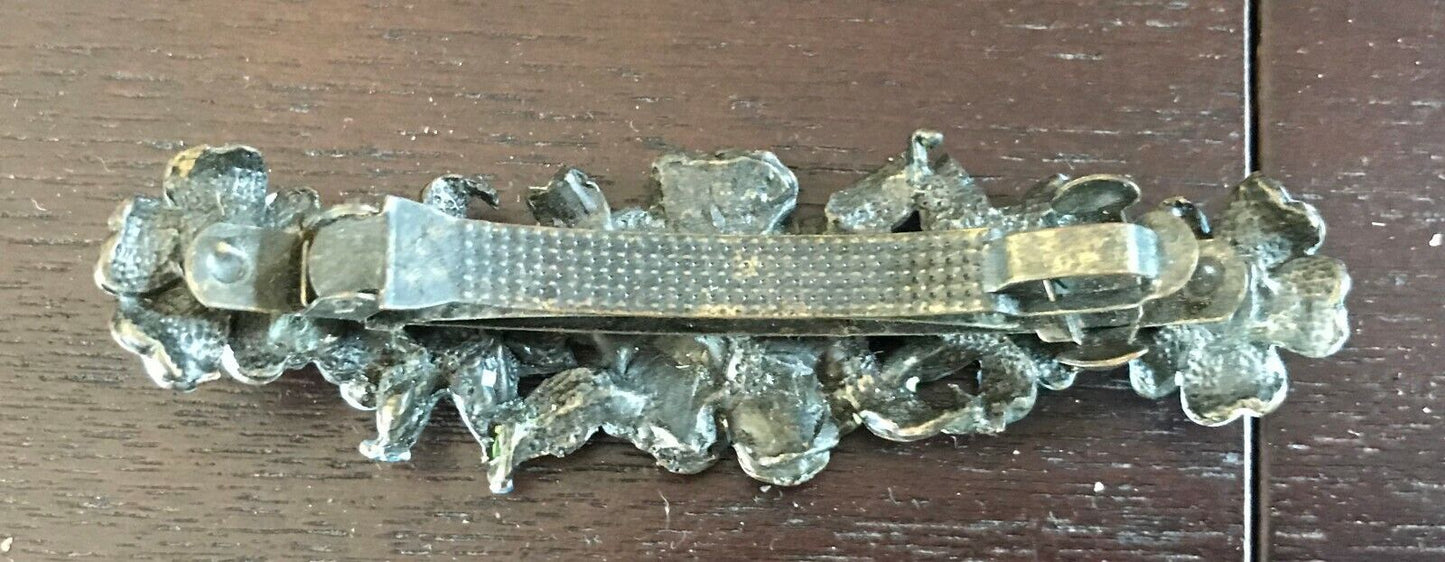 HAIR CLIP Blue Silver & Green Floral Metal w Pink & Blue Crystal Trim NEW