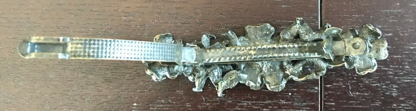 HAIR CLIP Blue Silver & Green Floral Metal w Pink & Blue Crystal Trim NEW