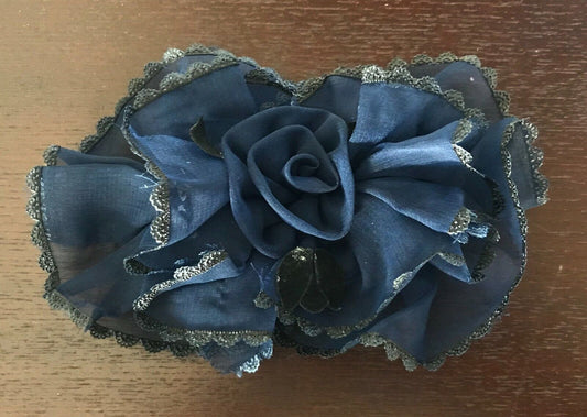 HAIR CLIP Navy Blue Organza Floral Rosette Hair Clasp with Lace Trim Ladies NEW