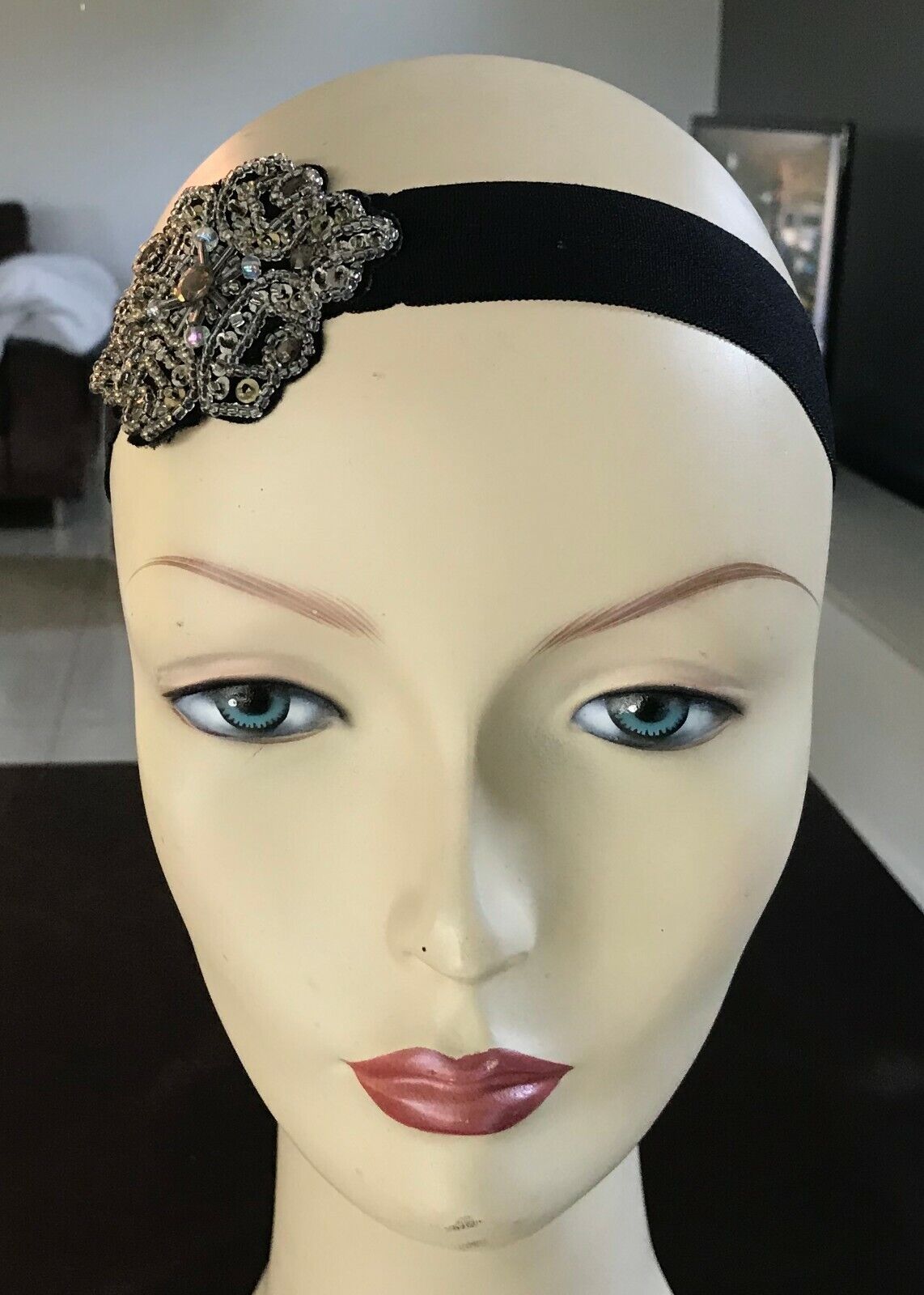 HEADBAND Black Stretch Hair Band w Bead Sequin & Crystal Trim Applique One Size