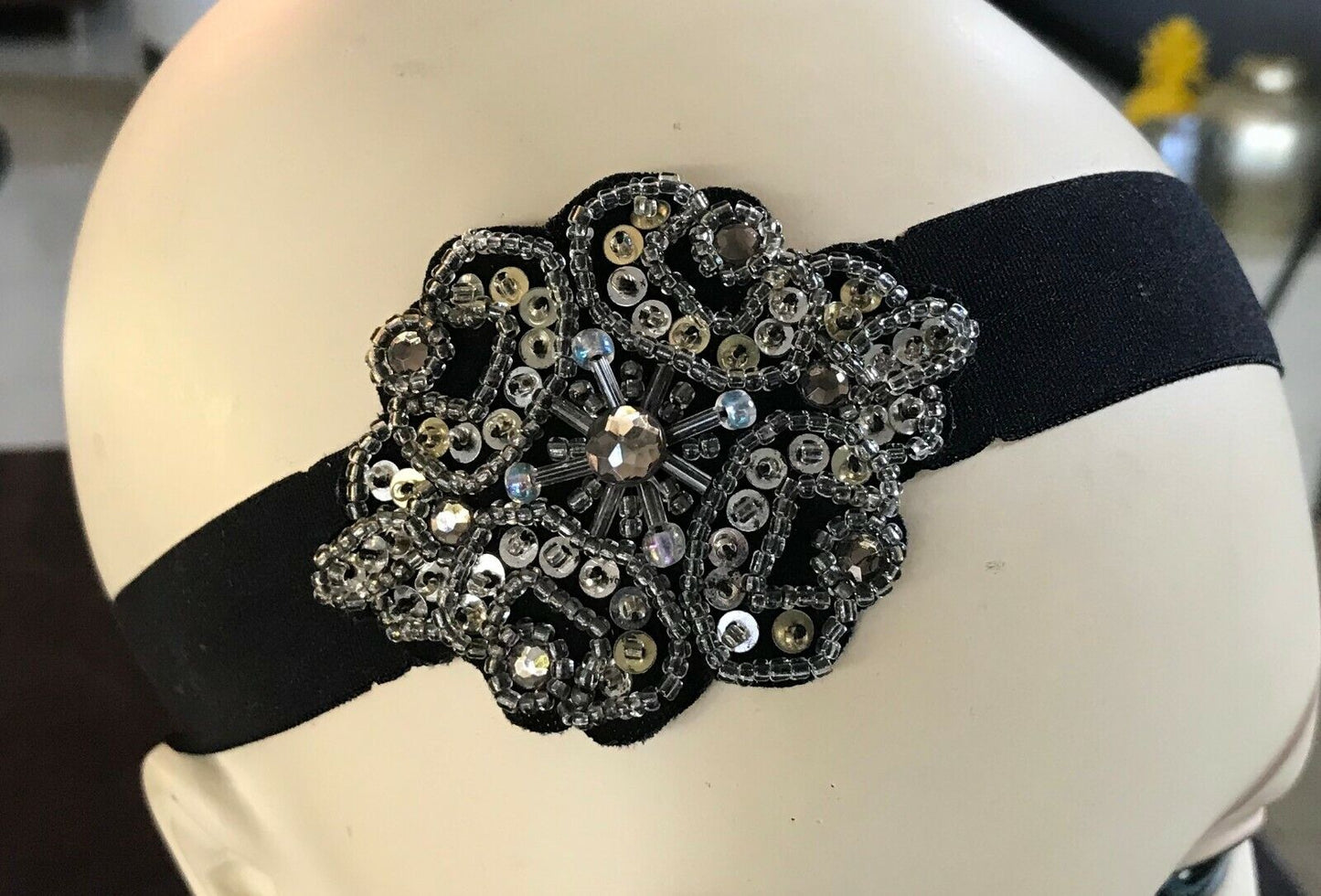 HEADBAND Black Stretch Hair Band w Bead Sequin & Crystal Trim Applique One Size