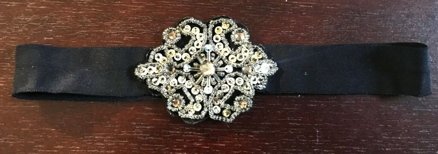 HEADBAND Black Stretch Hair Band w Bead Sequin & Crystal Trim Applique One Size