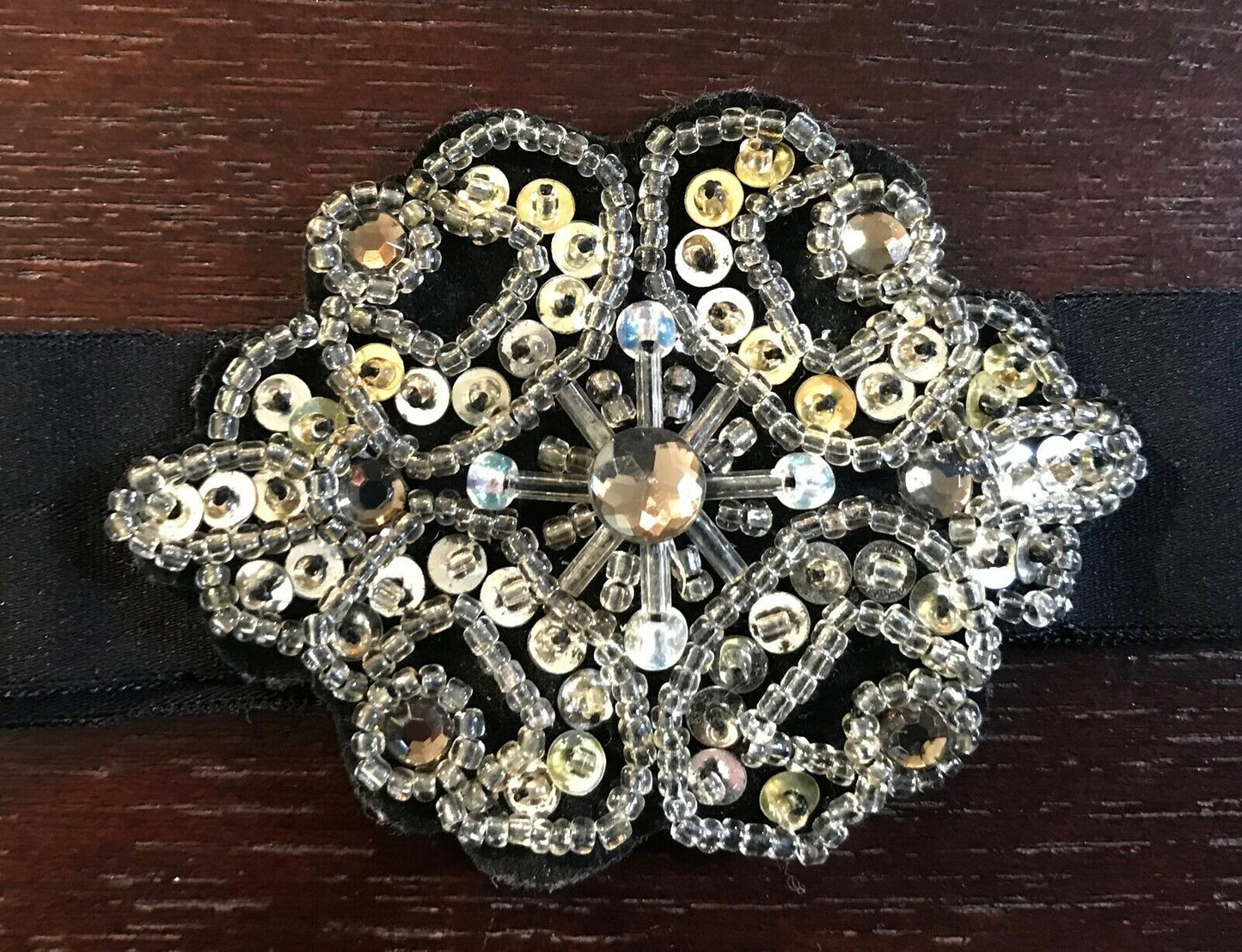 HEADBAND Black Stretch Hair Band w Bead Sequin & Crystal Trim Applique One Size