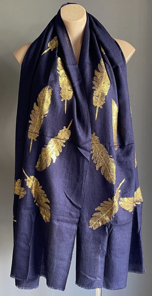 PASHMINA Scarf Blue and Gold Feather Print Rectangle NEW in Pack Gorgeous