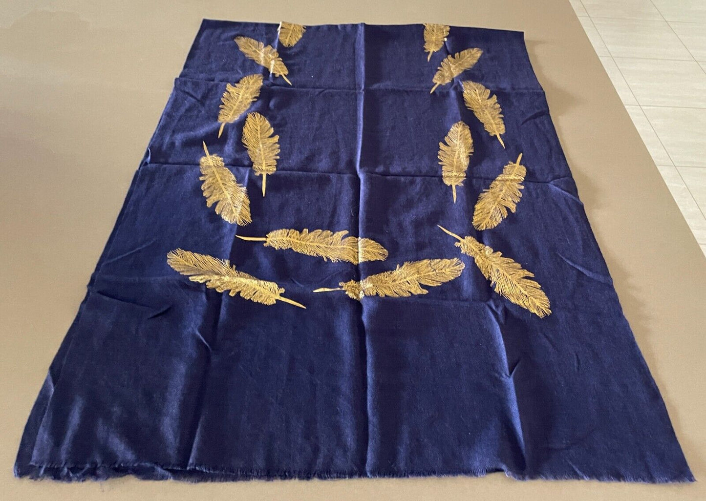 PASHMINA Scarf Blue and Gold Feather Print Rectangle NEW in Pack Gorgeous