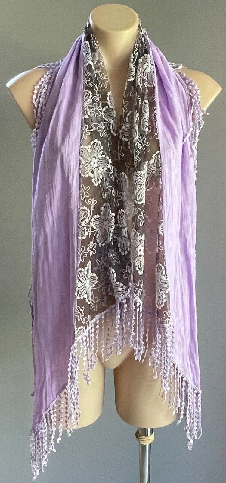 SCARF Mauve & Black Net w Pink & Grey Floral Embroidery Purple Lace w Fringe