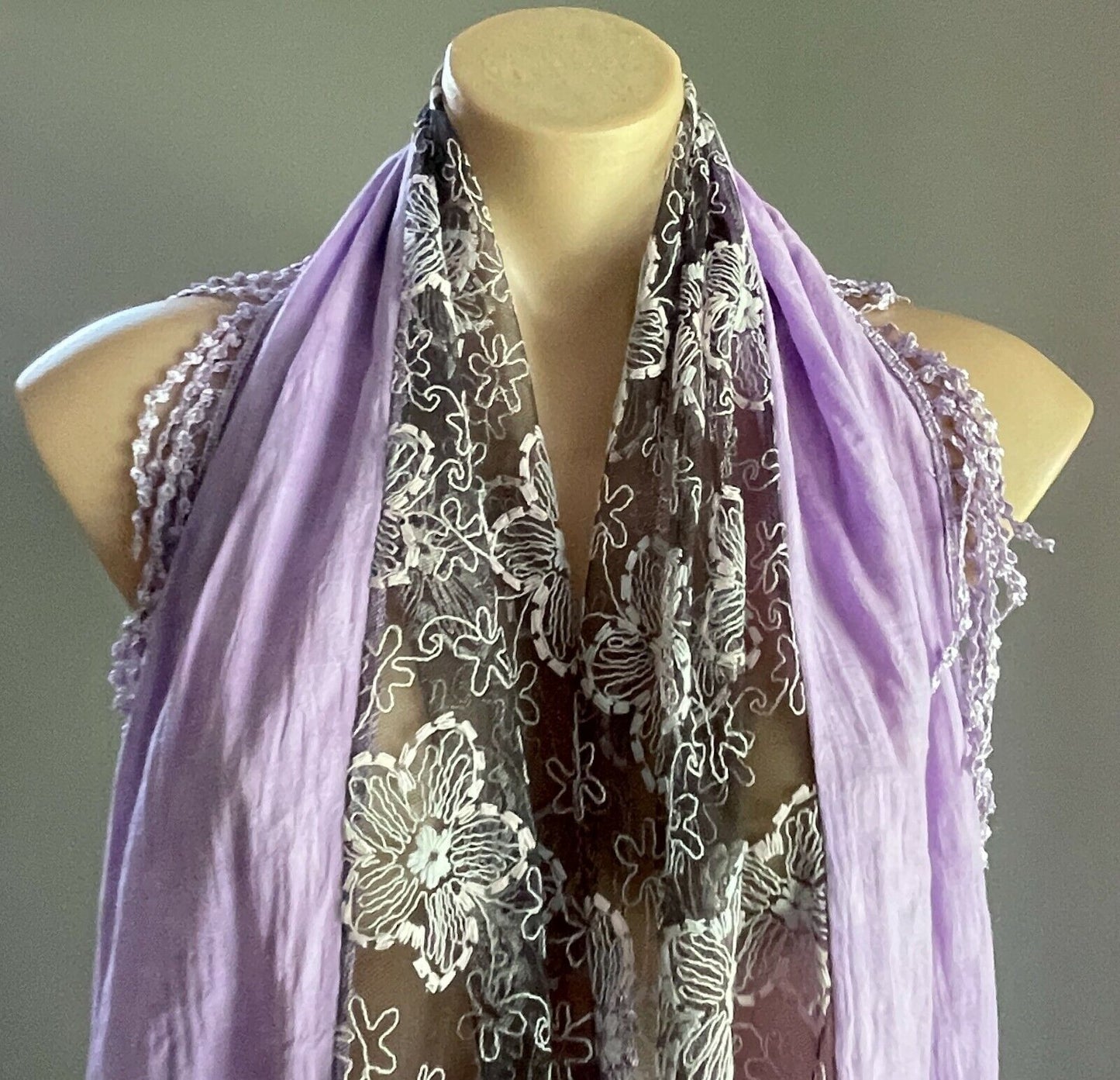 SCARF Mauve & Black Net w Pink & Grey Floral Embroidery Purple Lace w Fringe