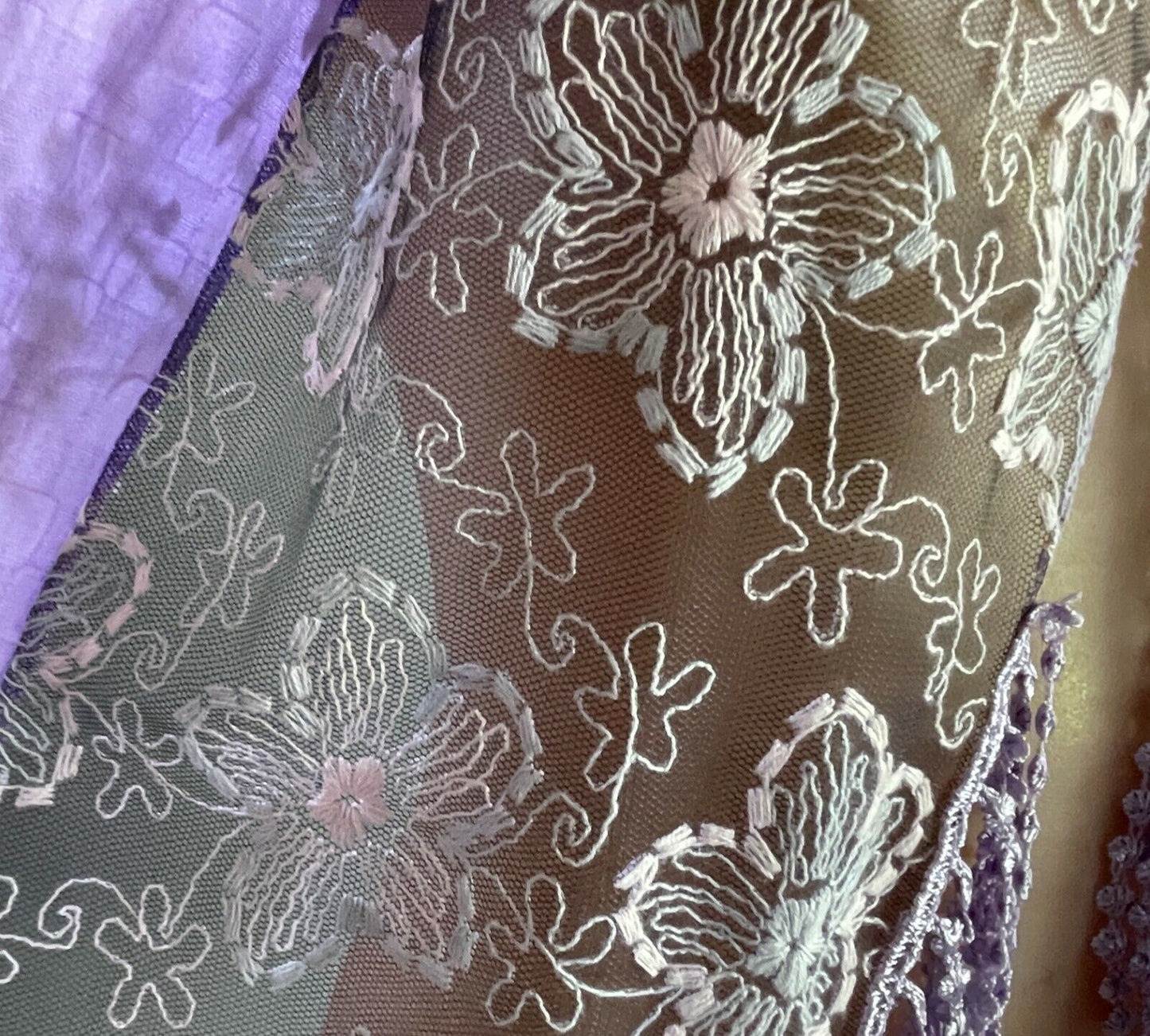 SCARF Mauve & Black Net w Pink & Grey Floral Embroidery Purple Lace w Fringe