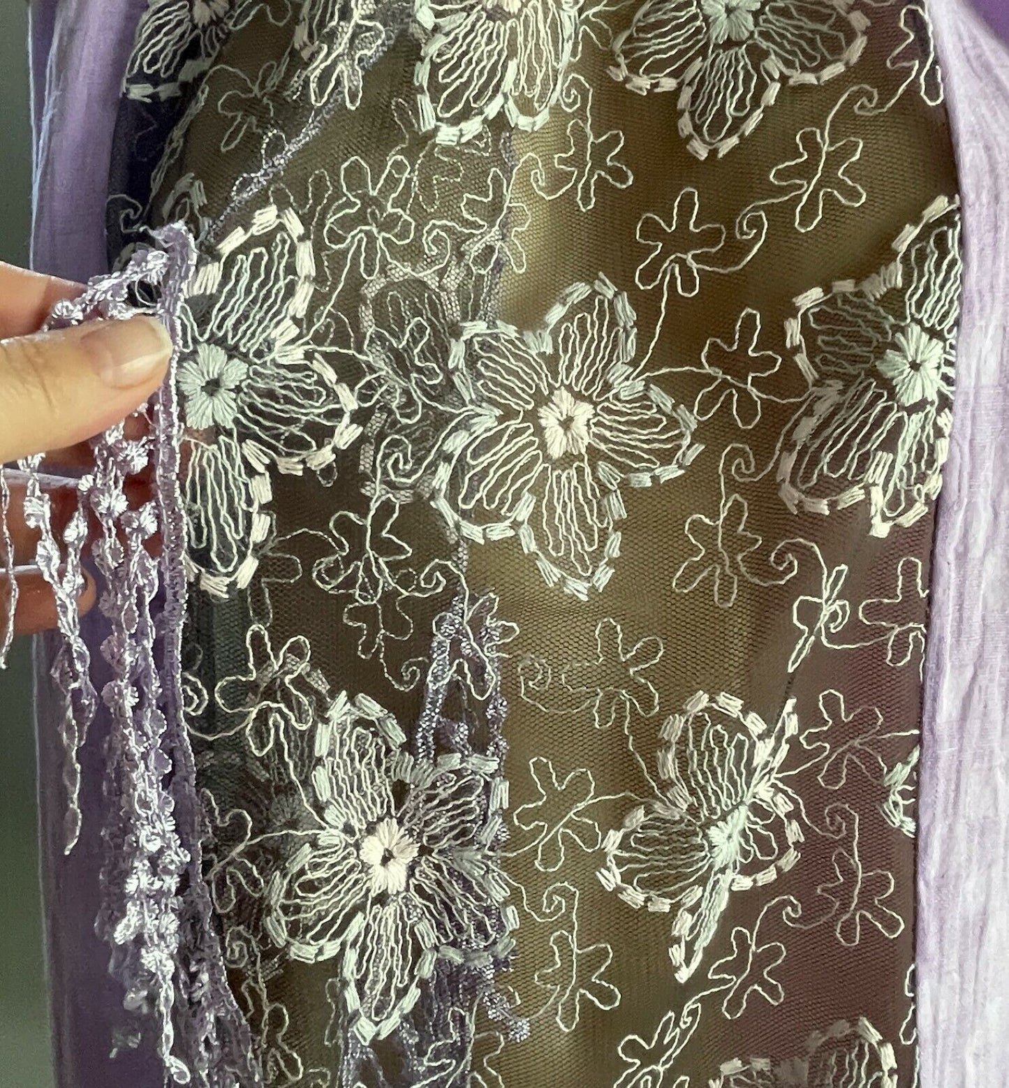 SCARF Mauve & Black Net w Pink & Grey Floral Embroidery Purple Lace w Fringe