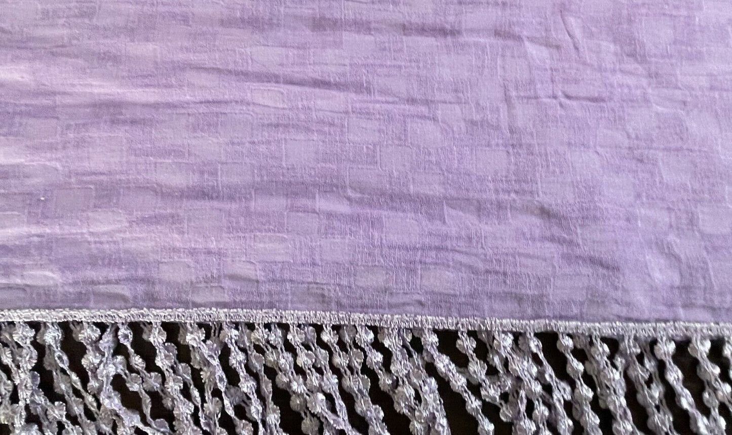 SCARF Mauve & Black Net w Pink & Grey Floral Embroidery Purple Lace w Fringe