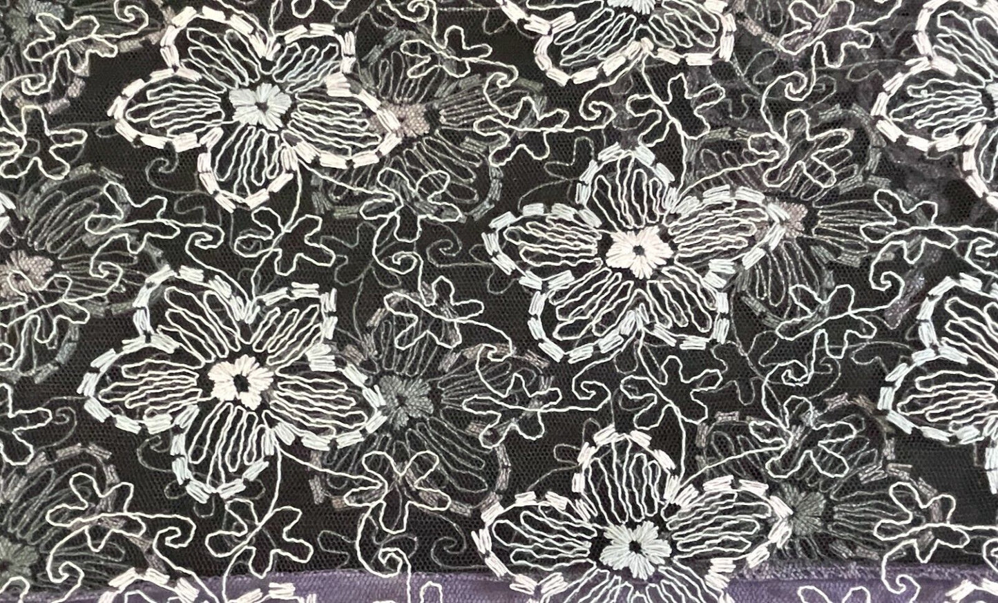 SCARF Mauve & Black Net w Pink & Grey Floral Embroidery Purple Lace w Fringe